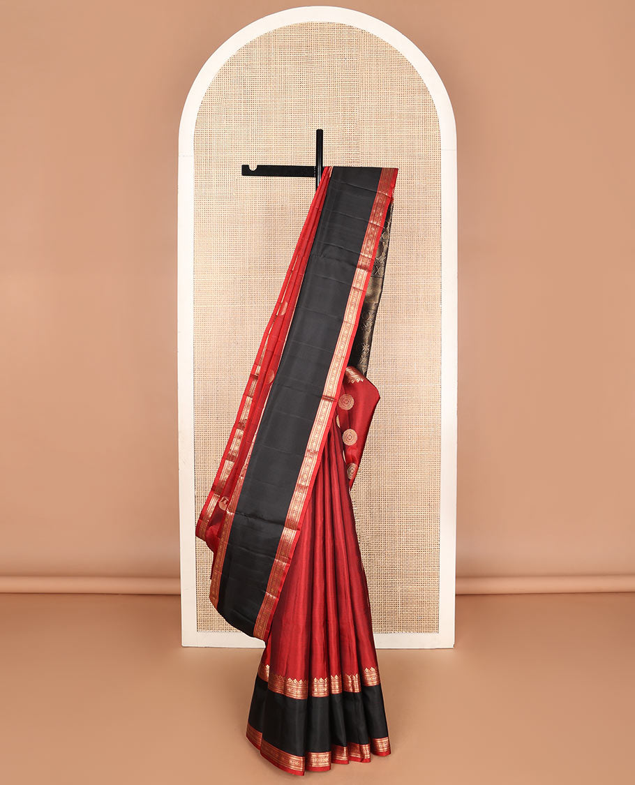 Red chakram zari buttas woven soft silk saree, contrast rettai pettu traditional zari border & pallu of mayil & kuthirai motifs