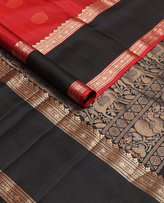 Red chakram zari buttas woven soft silk saree, contrast rettai pettu traditional zari border & pallu of mayil & kuthirai motifs