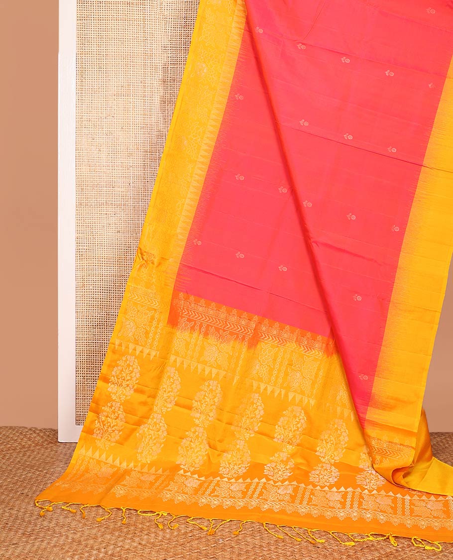 Red zari buttas soft silk saree, contrast temple border of floral designs, and floral design pallu