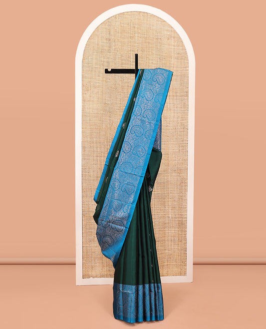 Green Mayuri Lite Silk Mix Saree, Detailed with Zari Buttas on Its Body, Complemented by a Contrast Border of Manga Designs, Pallu of Manga Designs, and Paired with a Contrast Blouse