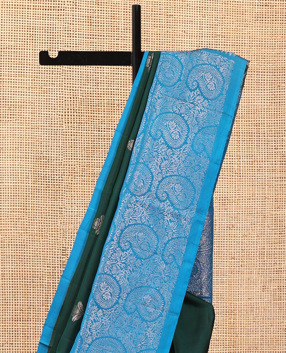 Green Mayuri Lite Silk Mix Saree, Detailed with Zari Buttas on Its Body, Complemented by a Contrast Border of Manga Designs, Pallu of Manga Designs, and Paired with a Contrast Blouse