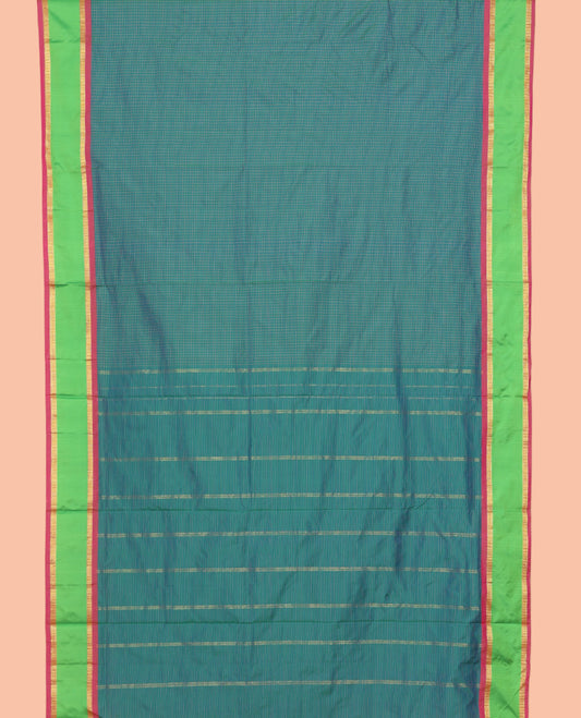 Peacock Micro-Checked Nine-Yard Saree, Complemented by a Contrast Rettai Pettu Border, Contrast Pallu of Stripes, and No Blouse