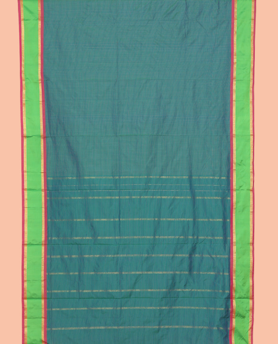Peacock Micro-Checked Ten Yard Saree, Complemented by a Contrast Rettai Pettu Border, Contrast Pallu of Stripes, and No Blouse
