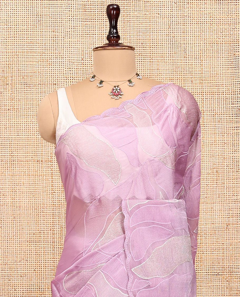 Pink Organza Saree, Delicately Woven with Abstract-Style Embroidery, a Scallop Border, and a Matching Blouse