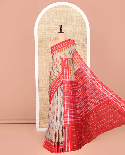 Grey Odisha Cotton Saree, Detailed with Sparsely Woven Stripes and Buttas All Over the Body, Complemented by a Contrast Temple Border of Hazily Weaves, Pallu Depicts Geometric Patterns, and Has No Blouse