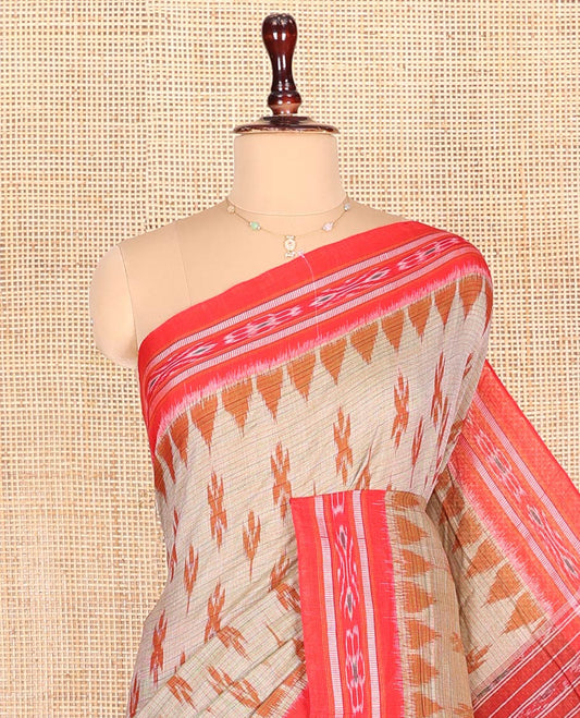 Grey Odisha Cotton Saree, Detailed with Sparsely Woven Stripes and Buttas All Over the Body, Complemented by a Contrast Temple Border of Hazily Weaves, Pallu Depicts Geometric Patterns, and Has No Blouse