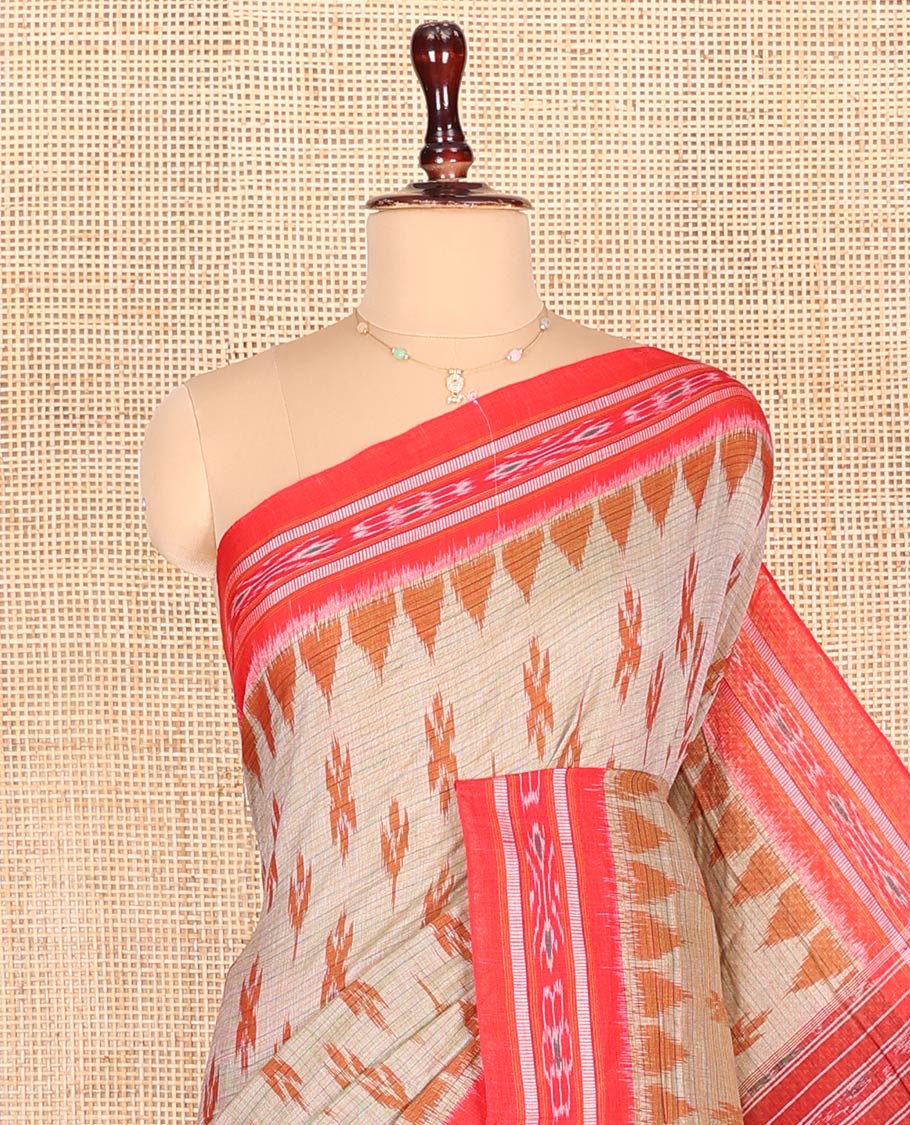 Grey Odisha Cotton Saree, Detailed with Sparsely Woven Stripes and Buttas All Over the Body, Complemented by a Contrast Temple Border of Hazily Weaves, Pallu Depicts Geometric Patterns, and Has No Blouse