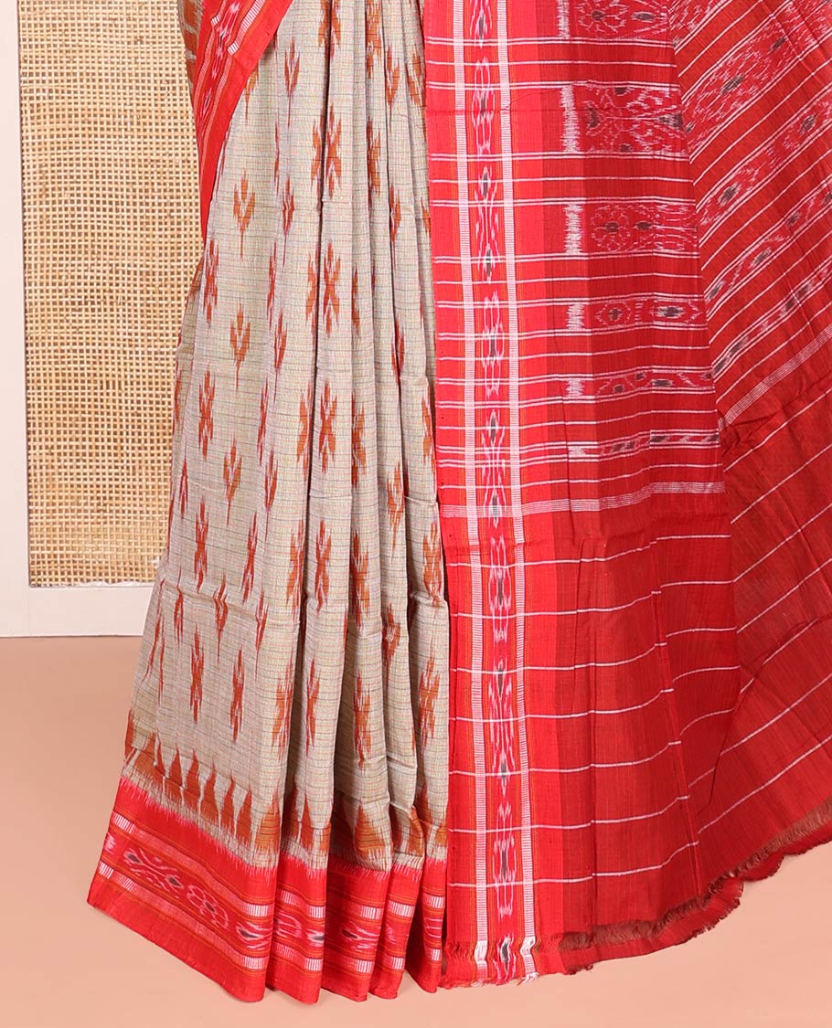 Grey Odisha Cotton Saree, Detailed with Sparsely Woven Stripes and Buttas All Over the Body, Complemented by a Contrast Temple Border of Hazily Weaves, Pallu Depicts Geometric Patterns, and Has No Blouse