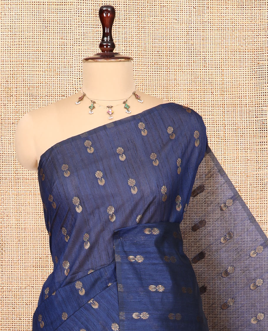 Borderless Navy Blue-Green Jute Cotton Saree, Adorned with Zari Buttas, Contrast Intricate Pallu, a Contrast Blouse
