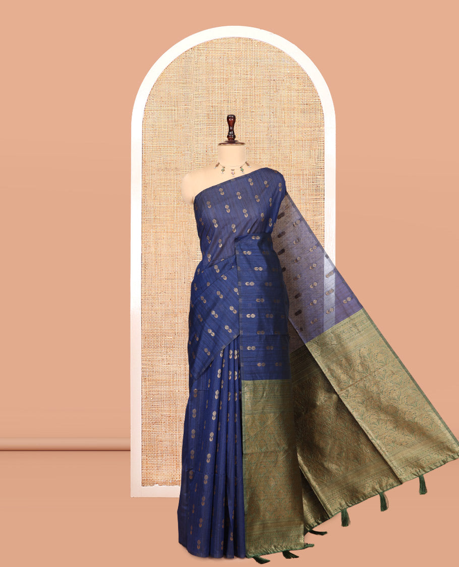 Borderless Navy Blue-Green Jute Cotton Saree, Adorned with Zari Buttas, Contrast Intricate Pallu, a Contrast Blouse