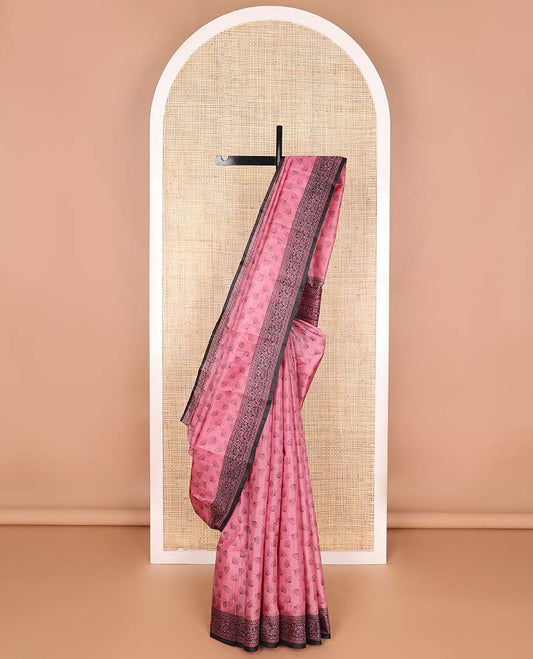 Pink floral design printed silk saree with contrast intricate design border & floral design pallu