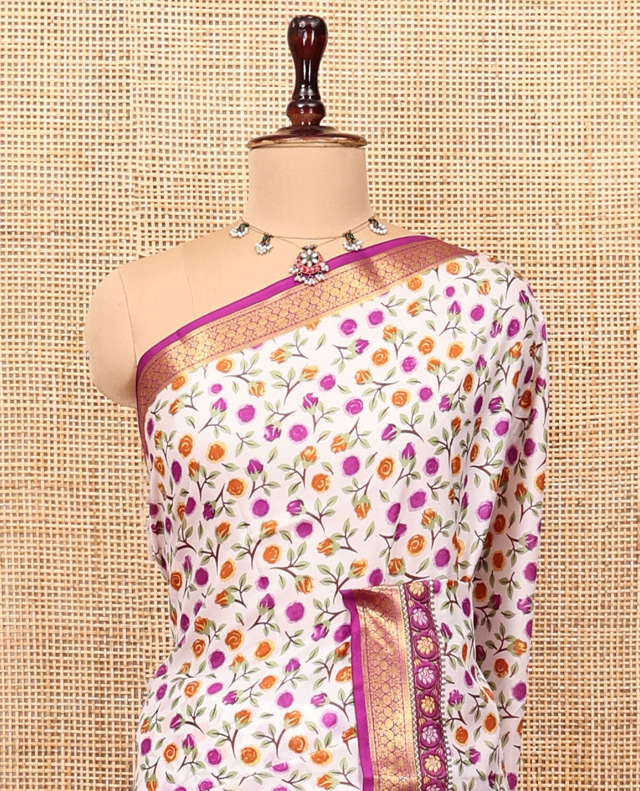 Cream Printed Silk Saree, Majestically Detailed with a Paisley, Fauna, and Human Print, Contrast Traditional Zari Border, Striped Pallu, and Contrast Blouse