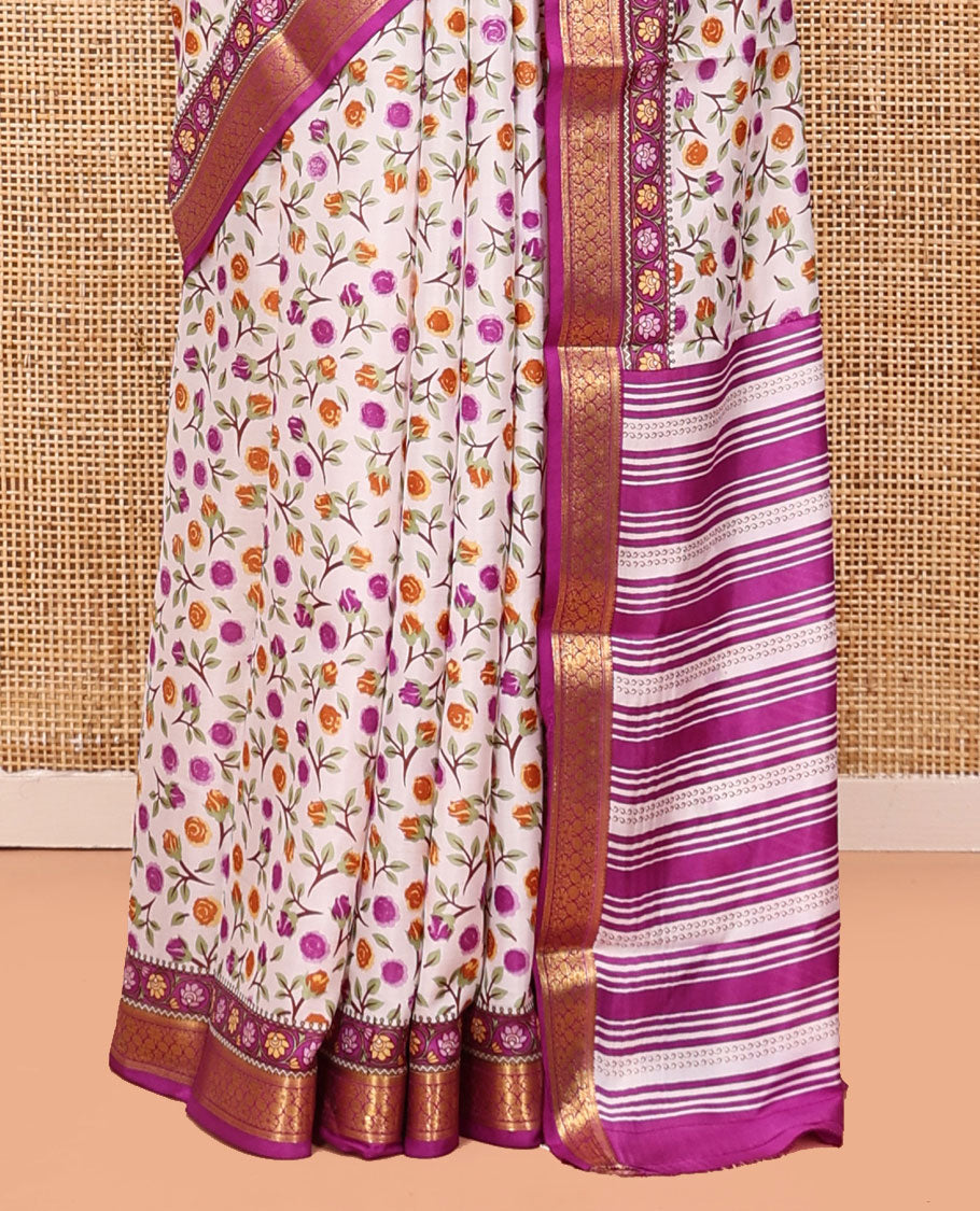 Cream Printed Silk Saree, Majestically Detailed with a Paisley, Fauna, and Human Print, Contrast Traditional Zari Border, Striped Pallu, and Contrast Blouse