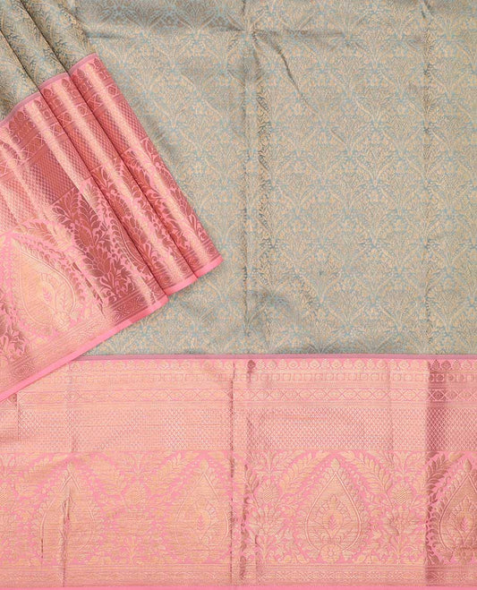 Blue pure silk half-saree,  jacquard skirt, contrast border of thilakam mokku, rudraksham, jaal, and thilakam designs , contrast zari blouse, and zari design dhavani