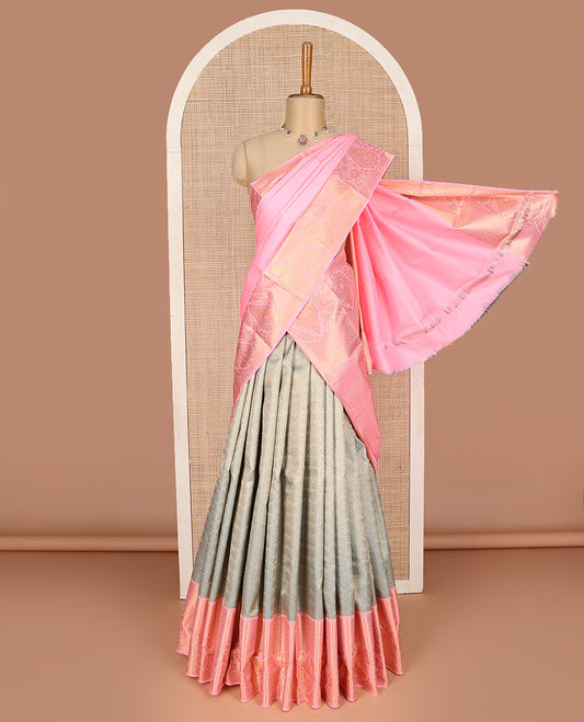 Blue pure silk half-saree,  jacquard skirt, contrast border of thilakam mokku, rudraksham, jaal, and thilakam designs , contrast zari blouse, and zari design dhavani