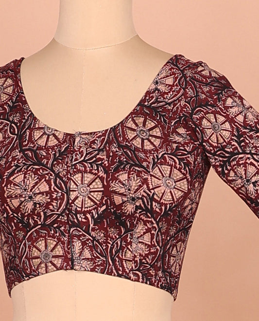 Maroon floral vine printed front and back round neck elbow sleeve cotton readymade blouse