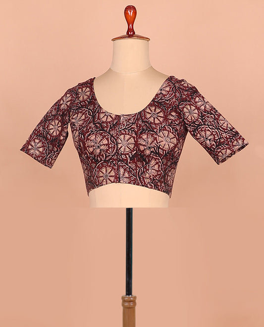 Maroon floral vine printed front and back round neck elbow sleeve cotton readymade blouse