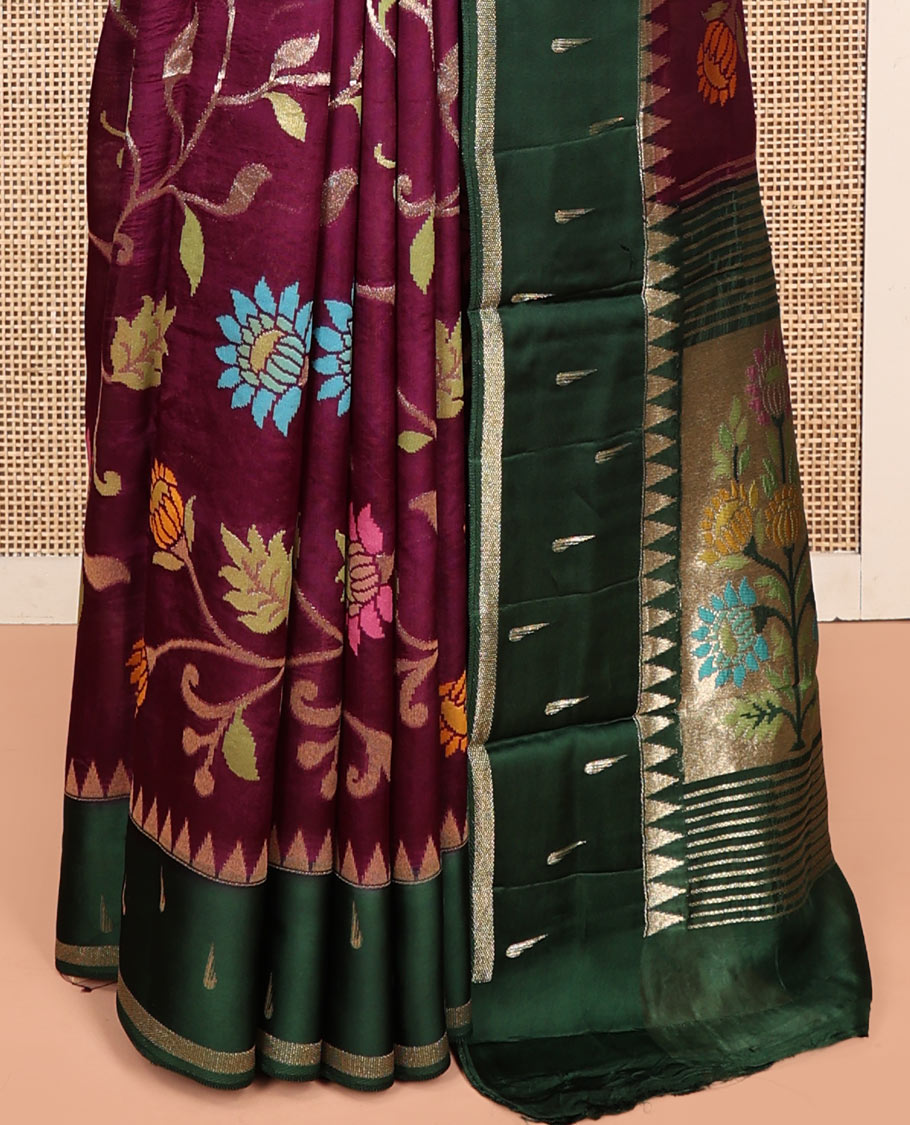 Green Matka Silk Saree, Bedecked with Meenakari Floral Vine All Over Its Body, Complemented by a Contrast Border of Traditional and Muniya Designs, Pallu of Floral Designs, and Paired with Contrast Blouse