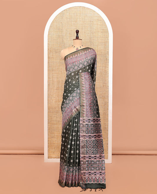 Black Tussar Silk Saree, Adorned with Buttas, Artfully Designed Ajrakh Printed Border, a Pallu of Ajrakh Print, and a Contrast Blouse