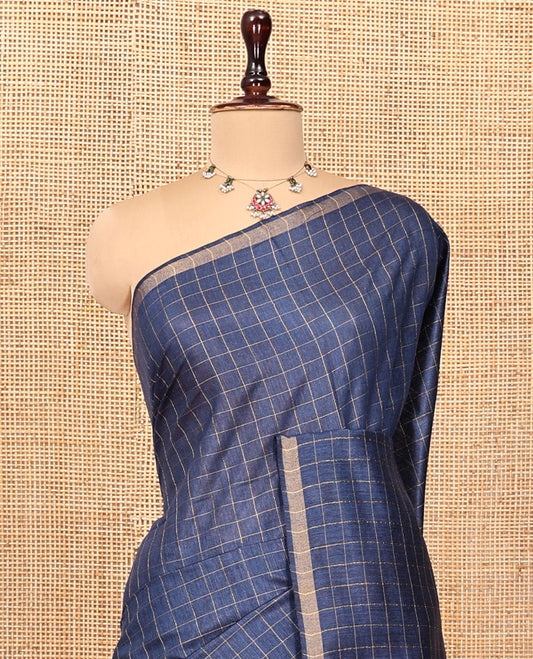 Blue-Checked Tussar Silk Saree, a Piping Border, Self-Pallu of Zari Stripes, and Matching Blouse
