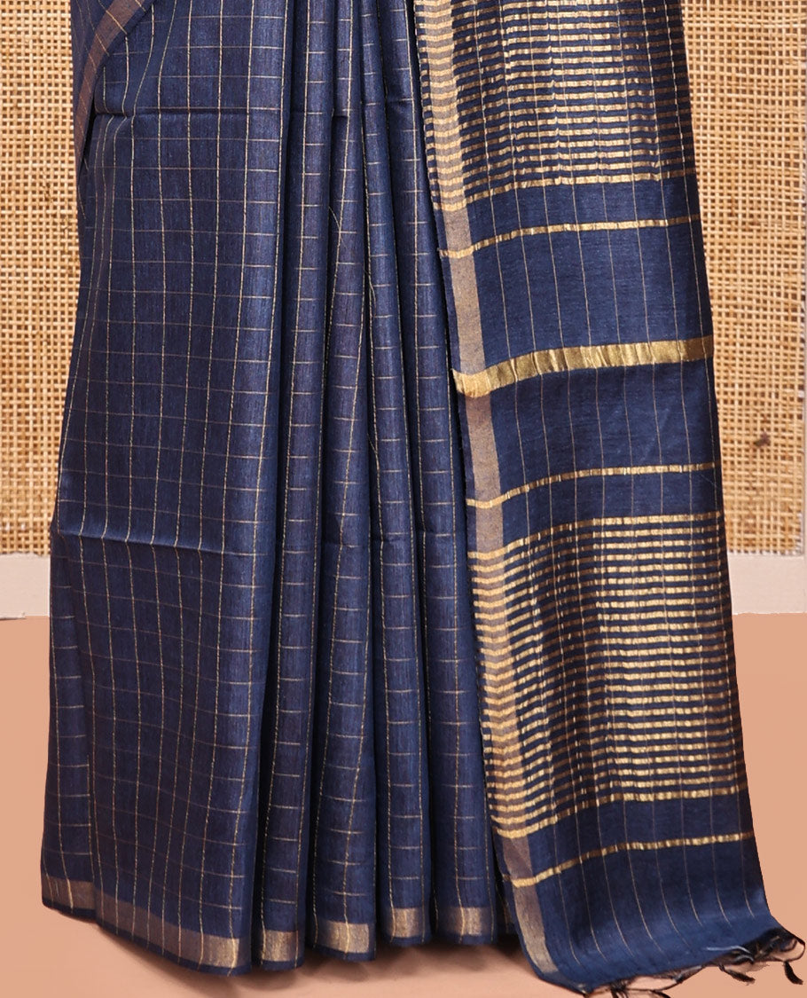 Blue-Checked Tussar Silk Saree, a Piping Border, Self-Pallu of Zari Stripes, and Matching Blouse