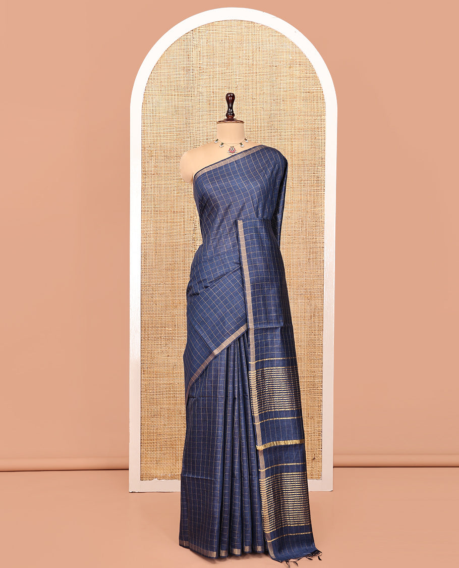 Blue-Checked Tussar Silk Saree, a Piping Border, Self-Pallu of Zari Stripes, and Matching Blouse