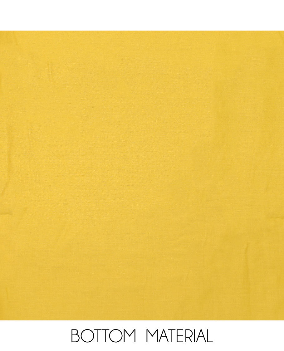 Yellow chudidhar material set, floral print & embroidery cotton top, plain bottom & floral printed chiffon dupatta