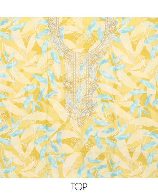 Yellow chudidhar material set, floral print & embroidery cotton top, plain bottom & floral printed chiffon dupatta