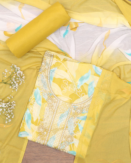Yellow chudidhar material set, floral print & embroidery cotton top, plain bottom & floral printed chiffon dupatta