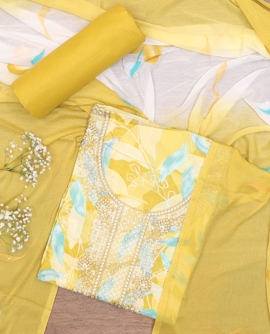 Yellow chudidhar material set, floral print & embroidery cotton top, plain bottom & floral printed chiffon dupatta