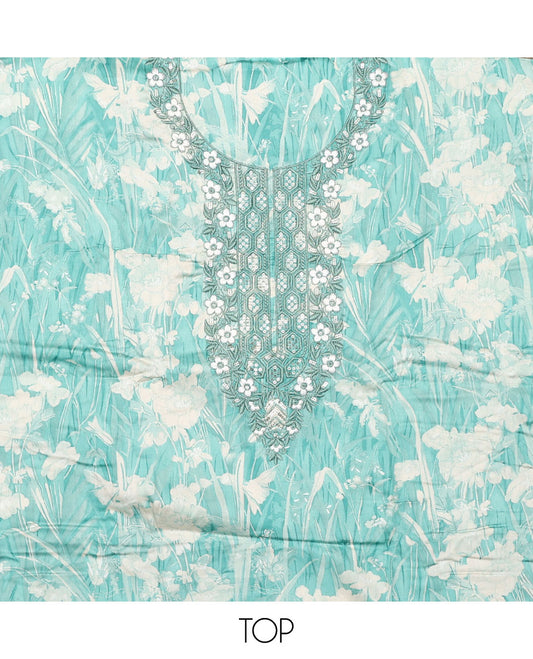 Blue material chudidar set, floral silhouette print and neck embroidered top, plain bottom, and floral jaal embroidered dupatta