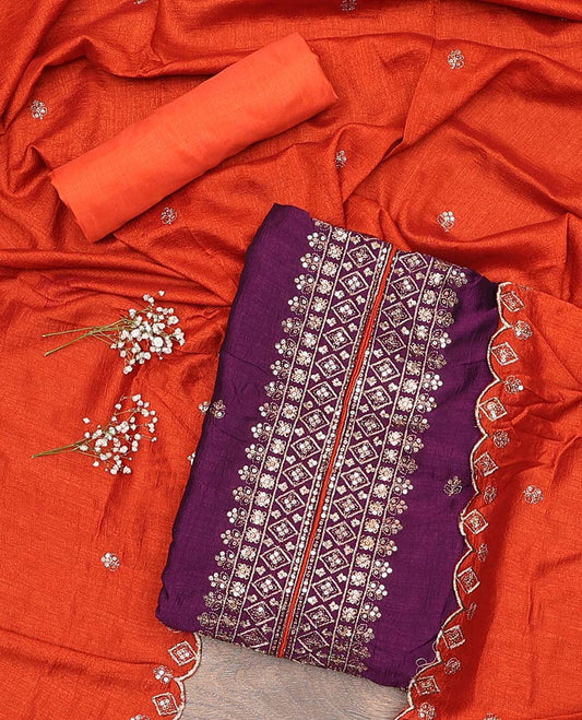 Purple material chudidar set, sequins and thread embroidered top, contrast plain bottom, and scallop embroidered dupatta
