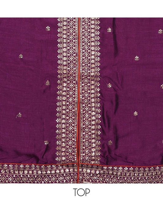 Purple material chudidar set, sequins and thread embroidered top, contrast plain bottom, and scallop embroidered dupatta