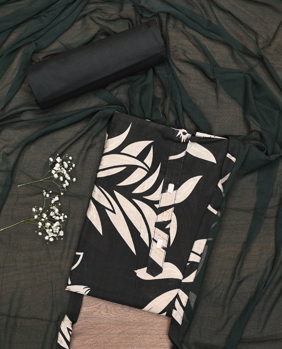 Black Material Chudidar Set, Elevated with Floral Motifs Print on Rayon Top, a Plain Cotton Bottom, and Paired with a Plain Chiffon Dupatta