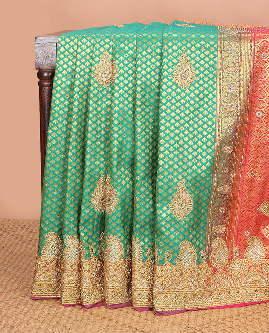 Green jacquard embroidered silk saree, contrast stone embroidered scallop cutwork border & zari woven stone embroidery pallu