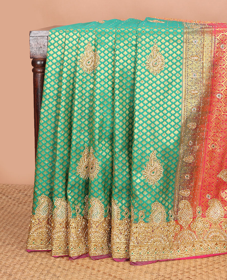 Green jacquard embroidered silk saree, contrast stone embroidered scallop cutwork border & zari woven stone embroidery pallu