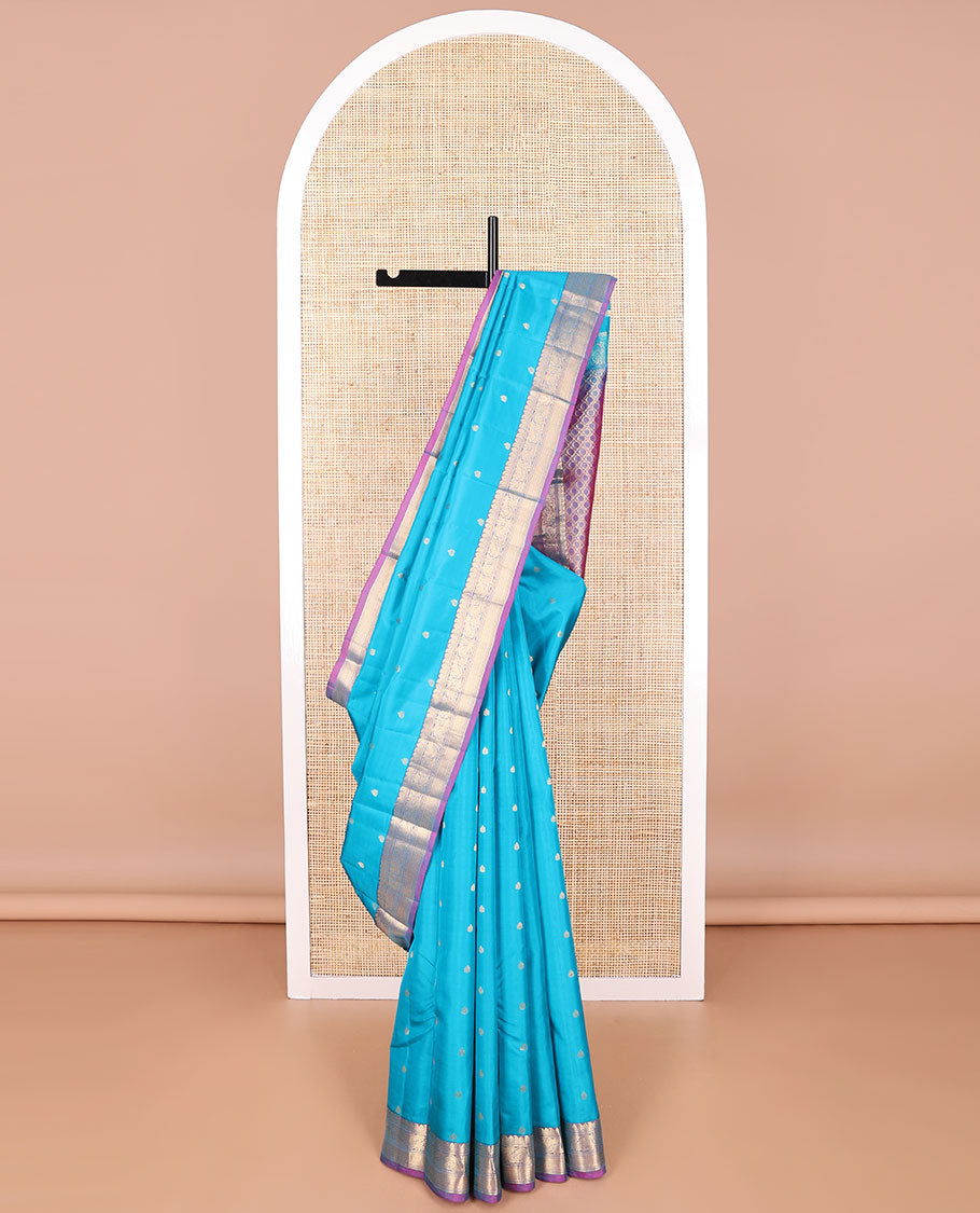 Light blue floral buttas vasundhara elite silk saree with contrast intricate zari design border & checked design pallu