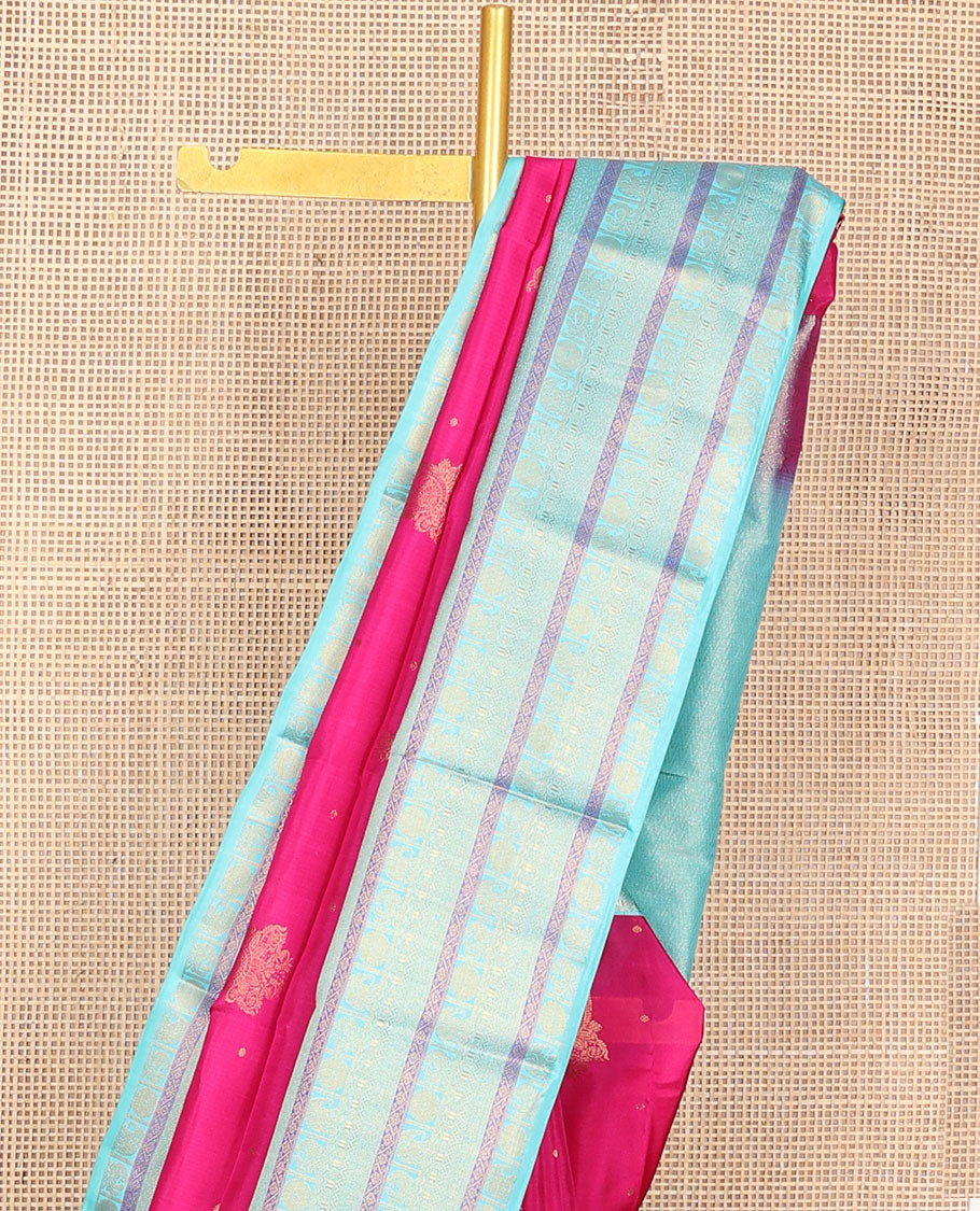 Pink zari buttas silk saree, contrast border of neli,poun,yaanai & mayil & pallu of chevron designs