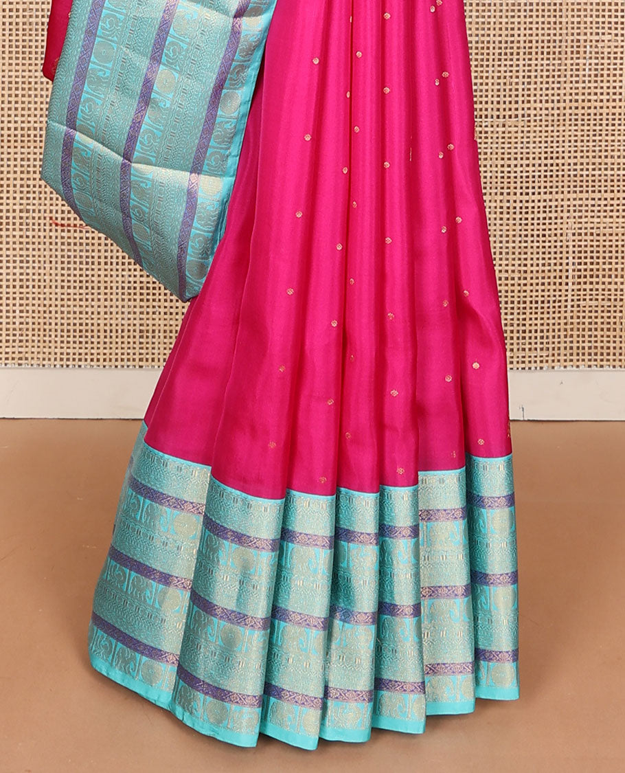 Pink zari buttas silk saree, contrast border of neli,poun,yaanai & mayil & pallu of chevron designs