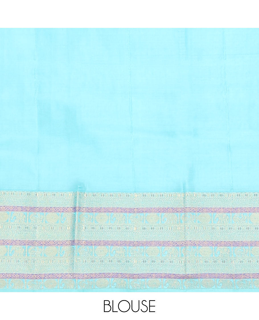 Pink zari buttas silk saree, contrast border of neli,poun,yaanai & mayil & pallu of chevron designs