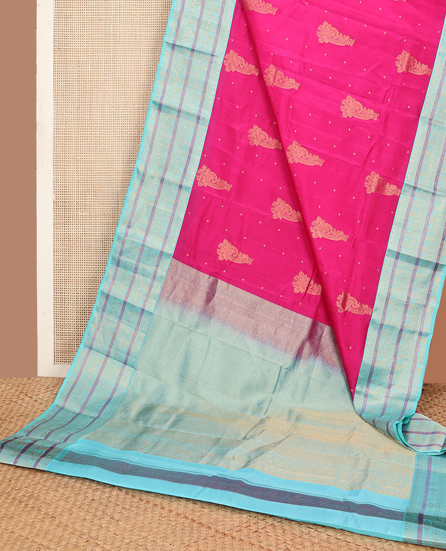 Pink zari buttas silk saree, contrast border of neli,poun,yaanai & mayil & pallu of chevron designs