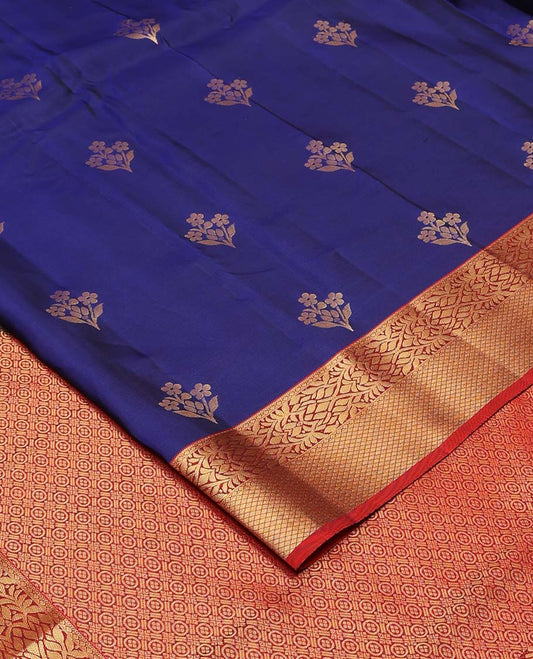 Navy blue zari buttas Vasundhara silk mix saree, contrast border of floral vine, and jaal design, and zari design pallu