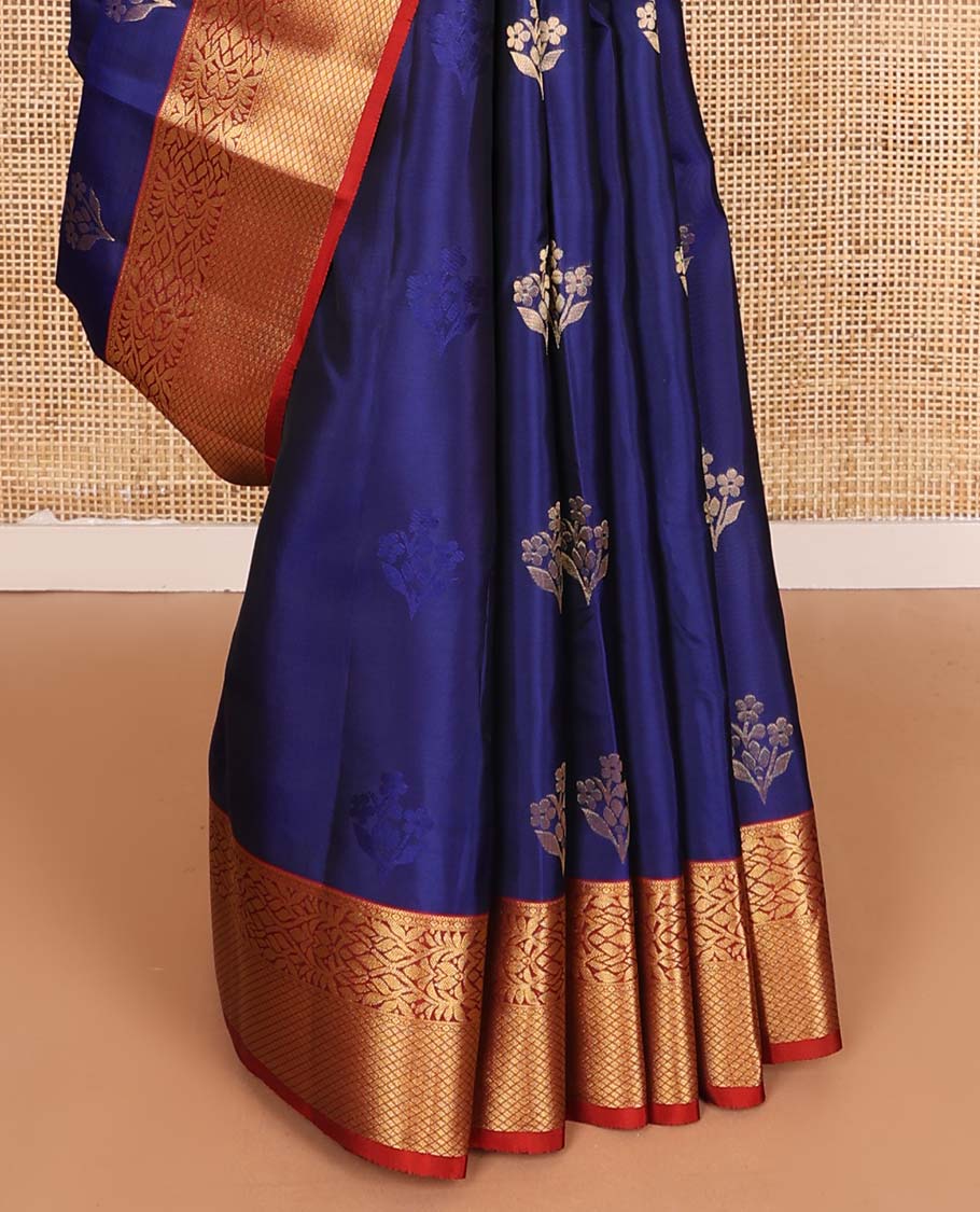 Navy blue zari buttas Vasundhara silk mix saree, contrast border of floral vine, and jaal design, and zari design pallu
