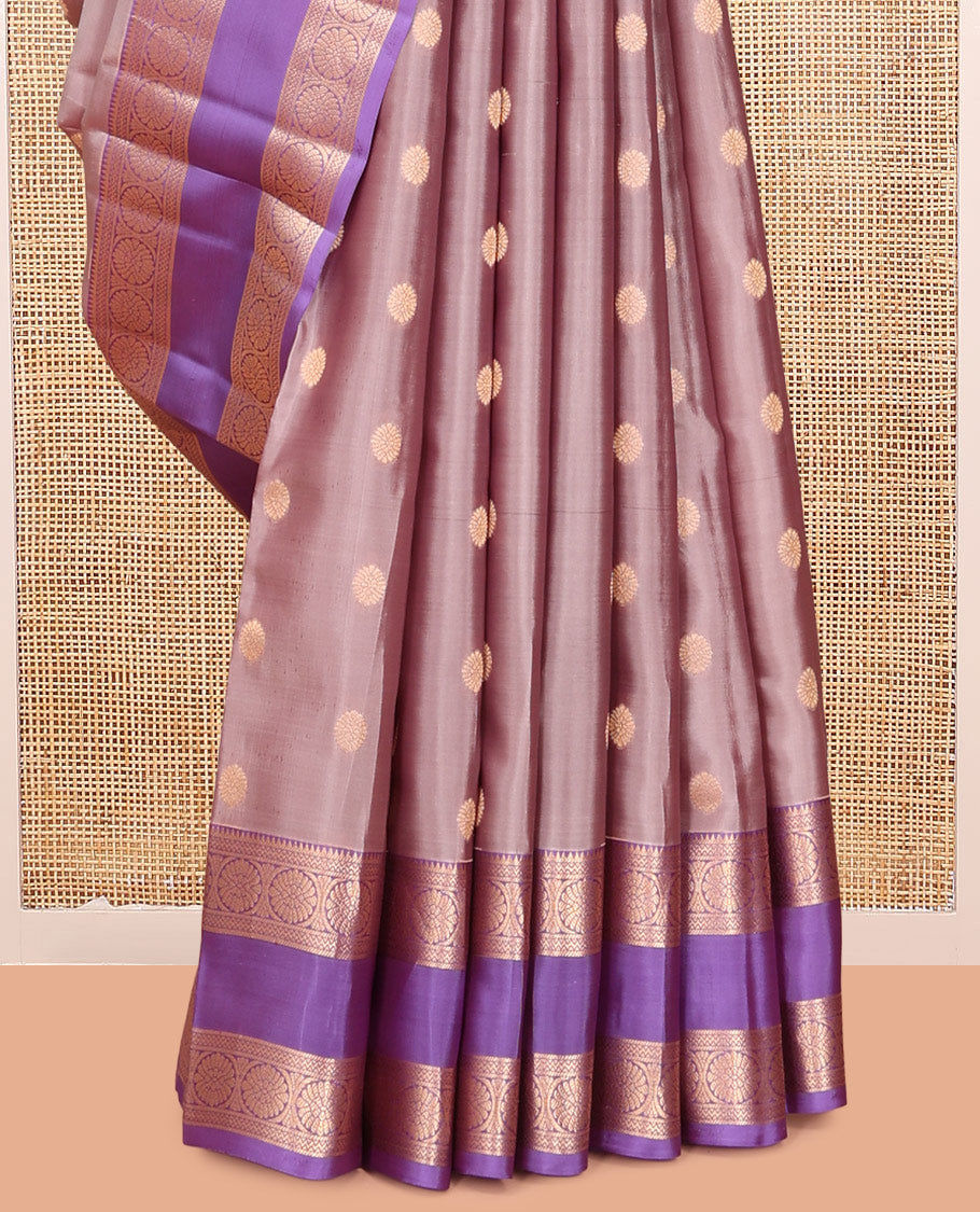 Grey Vasundhara Lite Silk Mix Saree, Richly Detailed with Zari Buttas, a Contrast Rettai Pettu Border of  Neli, and Chakram Designs, Grand Pallu, and a Contrast Blouse