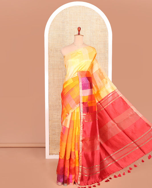 Multi-Color Checked Banana Pith Saree, Sparsely Designed Zari Bavanji Border, Complemented with a Contrast Zari Striped Pallu, and a Plain Blouse