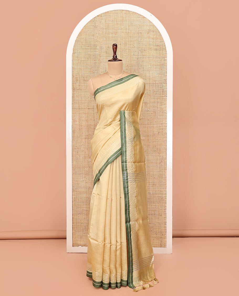 Sandal Plain Banana Pith Saree, Subtle Contrast Striped Border, Pallu Steeped with Stripes, and Paired with a Matching Blouse