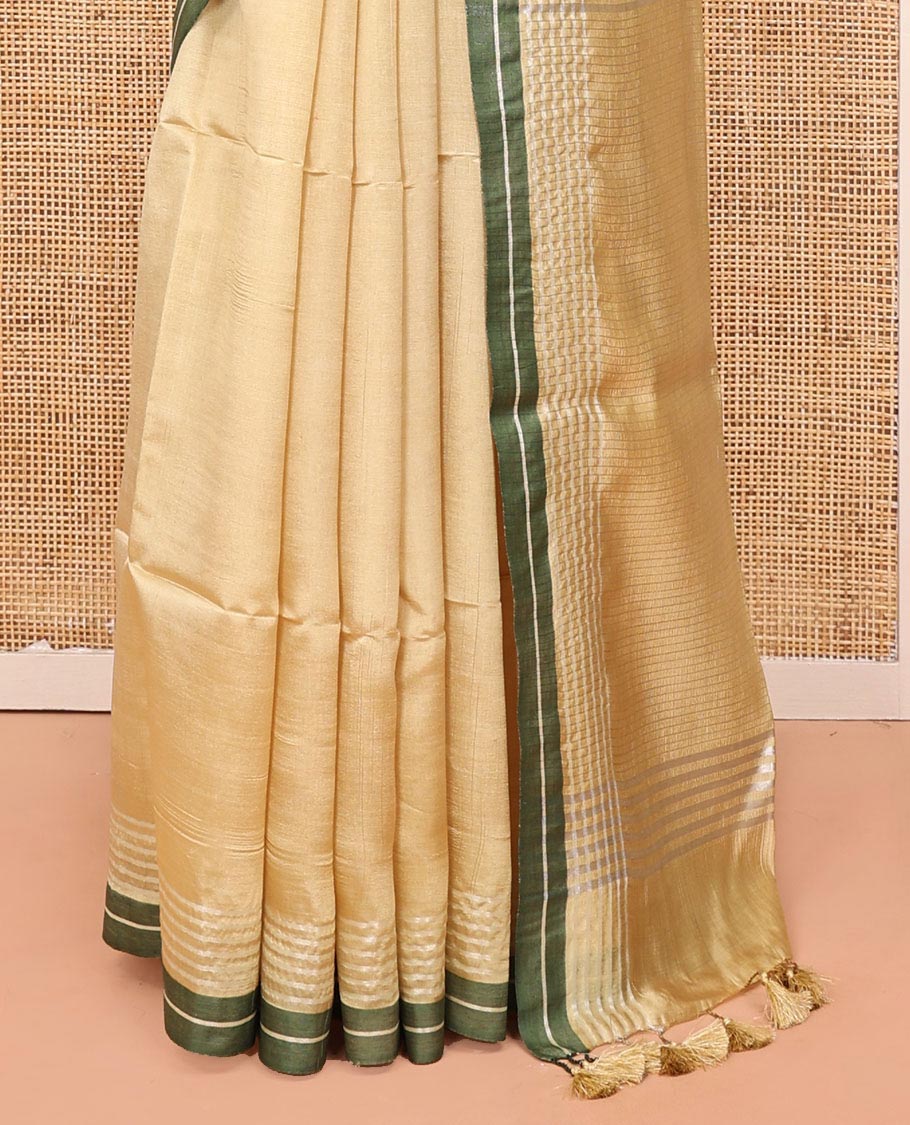 Sandal Plain Banana Pith Saree, Subtle Contrast Striped Border, Pallu Steeped with Stripes, and Paired with a Matching Blouse