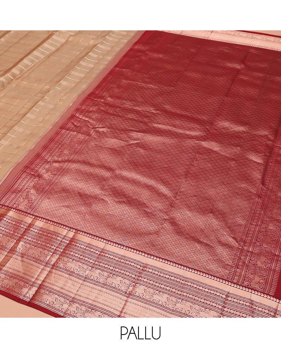 Sandal Vasundhara Silk Saree Elevated with Zari Stripes All Over Its Body, Complemented by a Contrast Border of Manga, Rudraksham, Yaali, Neli, and Muthu Designs, Zari Rich Jaal Pallu, and Paired with a Contrast Blouse