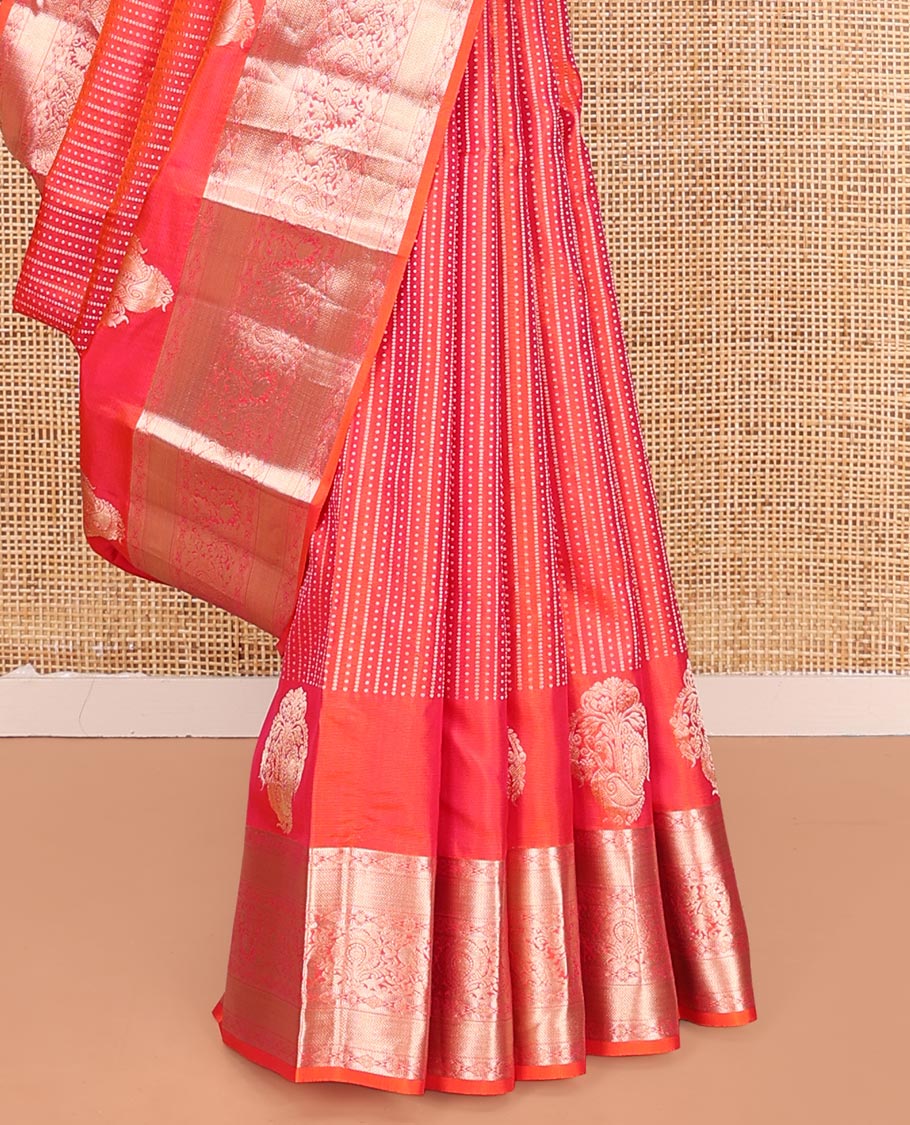 Rose and Orange Vasundhara Silk Saree, Majestically Detailed with Zari Buttas on Its Body, Highlighted by a Zari Border of Mayil, Diamond, and Vanki Designs, Richly Zari Detailed Pallu, and Paired with a Matching  Blouse