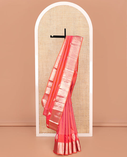 Rose and Orange Vasundhara Silk Saree, Majestically Detailed with Zari Buttas on Its Body, Highlighted by a Zari Border of Mayil, Diamond, and Vanki Designs, Richly Zari Detailed Pallu, and Paired with a Matching  Blouse